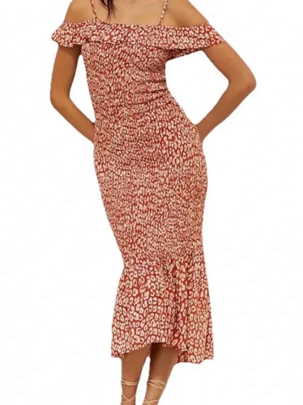 Anthropologie Celandine Off The Shoulder Smocked‎ Midi Dress Burnt Orange Small